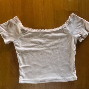 Women's Off-Shoulder Lace Trim Top - Soft pink